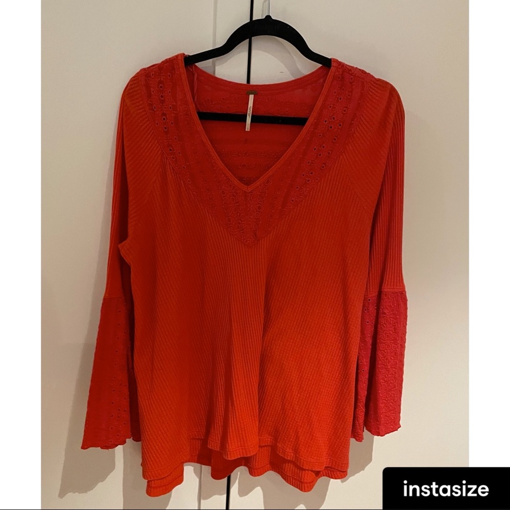 free people orange thermal blouse with wide sleeves and embroidered lace